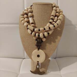 MCM Handmade Large and Heavy Beige Beaded and Bronze 20" Statement Necklace